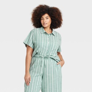 Women's Striped Cotton Blend Short Sleeve Pajama Shirt - Auden™ - 1 of 3