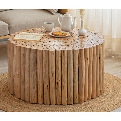 NicBex Modern 16" Round Wood Coffee Table with Tree Stump Look for Living Room and Bedroom