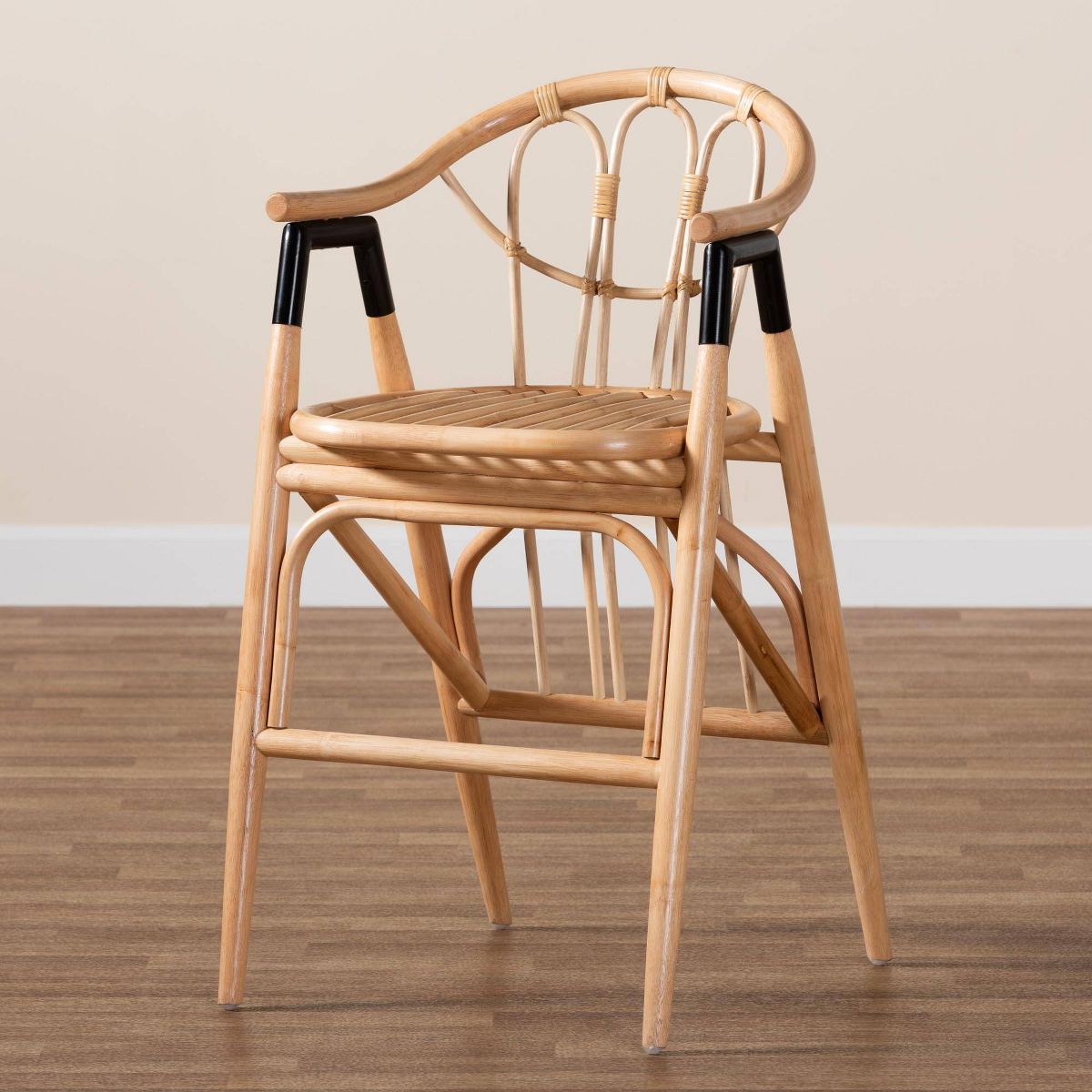 bali & pari Cyntia Rattan Counter Height Barstool Natural Brown/Black: Handcrafted, Bohemian Style, Metal Accents - thumbnail 9