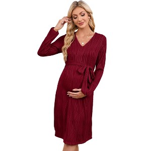 BLUEMING Maternity Sweater Dress for Baby Shower Party Wrap V Neck Puff Sleeve Tie Waist Pleated Midi Dresses - 1 of 4
