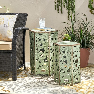 Small Metal Bedside Table,Boho Hollow Side Table,Hexagon Metal Side Table,TV Cabinet Decor Side Table,Iron Accent Tables Set Of 2-Cuddlewood