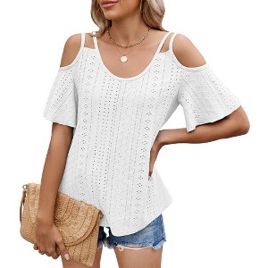 Womens Cold Shoulder Top Basic T Shirts 3/4 Sleeve Casual Blouse Tshirts - 1 of 4