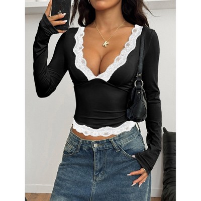 Women's Lace Long Sleeve Blouse Casual Elegant T Shirt Top Feminine Dressy Casual Shirt