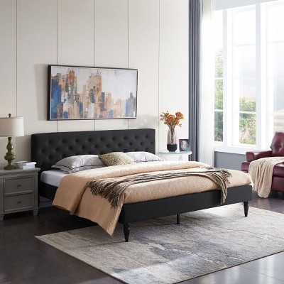 Contemporary  King Size Bed Frame with Button Tufted Diamond Stitching, Plush Upholstered Platform Bed Frame with Headboard -Christopher Knight Home