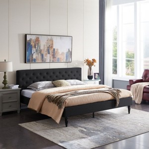 Contemporary  King Size Bed Frame with Button Tufted Diamond Stitching, Plush Upholstered Platform Bed Frame with Headboard -Christopher Knight Home - 1 of 4