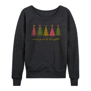 Women's - Instant Message - Merry And Bright Christmas Trees Lightweight French Terry Wide Neck Long Sleeve Graphic Shirt - 1 of 4