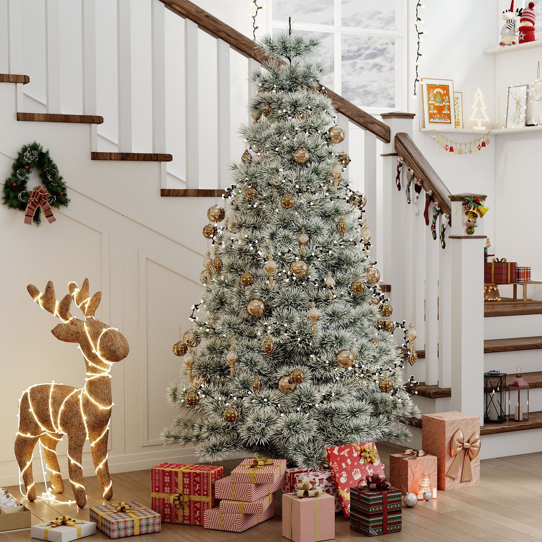 JIONJOY Pre-lit Snow Flocked Artificial Christmas Tree – Hinged Spruce Foldable Metal Stand for Holiday Decor - 9FT