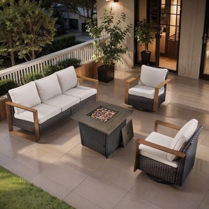 Buenhomino 4 Piece Outdoor Patio Furniture Set with Propane Fire Pit Table, Wicker Patio Conversation Set with 2 Swivel Rocker Chairs - 1 of 4