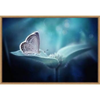 23" x 16" Butterfly and Blue Flower by Fauzan Maududdin Framed Wall Canvas - Amanti Art