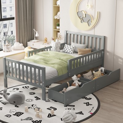 Twin Size Wood Platform Bed, Bed with Guardrails on Both Sides and 2 Storage Drawers, Modern Design Platform Bed with Pinewood Frame-Baofuwish