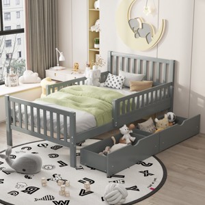 Twin Size Wood Platform Bed, Bed with Guardrails on Both Sides and 2 Storage Drawers, Modern Design Platform Bed with Pinewood Frame-Baofuwish - 1 of 4