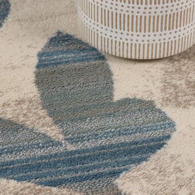 Cream and Blue Floral Pattern Stain-Resistant Synthetic Area Rug, 5'x8'
