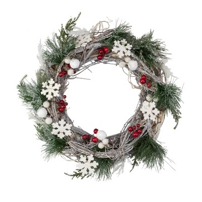 Northlight 13" Unlit Snowflakes and Berries Winter Foliage Christmas Wreath