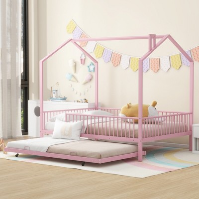 Full/Twin Size Metal Platform Bed Frame with Fence, Trundle Bed, House-shaped Headboard -ModernLuxe