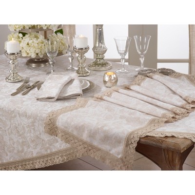 Natural Cotton Linen Table Runner with Jacquard Lace Trim