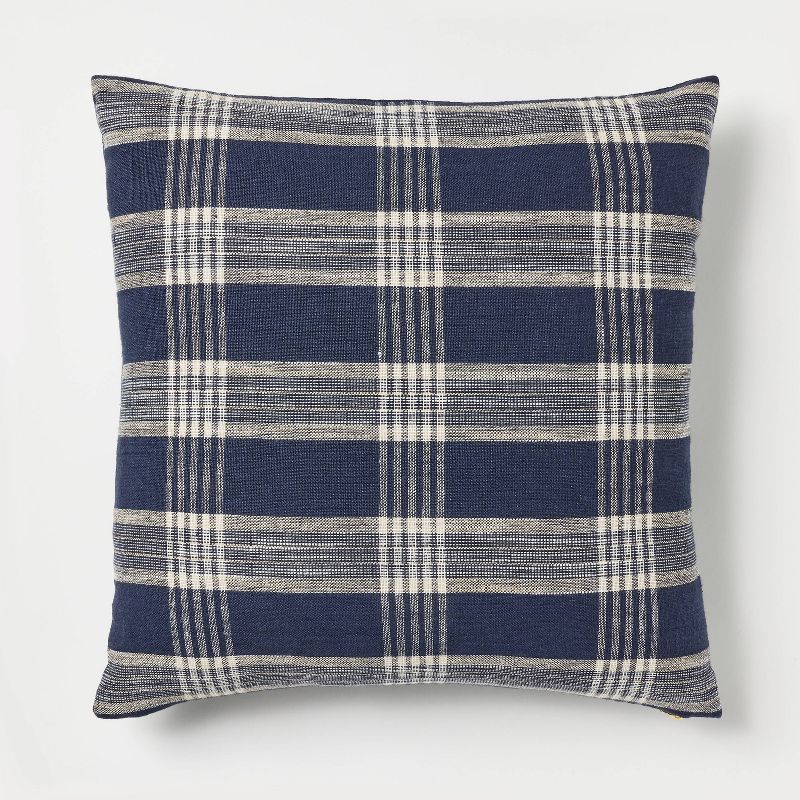 Woven Plaid Square Throw Pillow with Zipper Pull Navy Blue - Threshold&#8482; designed with Studio McGee, 1 of 5