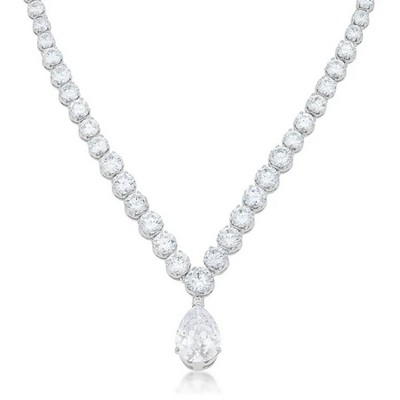 ShineHigh Bejeweled Rhodium-Plated Necklace with 20ct Pear Drop Cubic Zirconia Centerstone – Elegant 9mm Drop Pendant Statement Jewelry