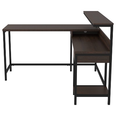 L Shaped Writing Desk with Bottom shelf and 1 Drawer Brown/Black - Benzara