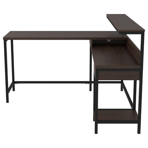 L Shaped Writing Desk With Bottom Shelf And 1 Drawer Brown Black Benzara Target