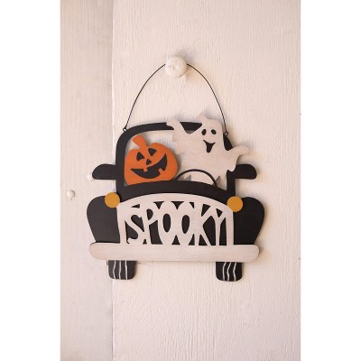 Kalalou Halloween "Spooky" Door Sign – Set of 2, Haunted Home Decor, Wooden Craft
