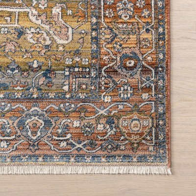 Rust and Blue Vintage Medallion Fringe Runner Rug