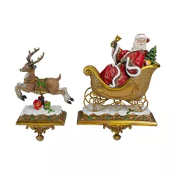 Roman Set of 2 Brown and Red Santa Claus with Reindeer Christmas Stocking Holders 9.5"