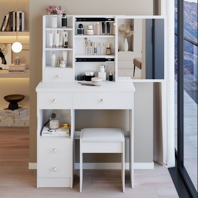 Vanity Desk with Sliding Mirror and Cushioned Stool,Makeup Dressing Table Set with Storage Drawers for Bedroom–The Pop Home