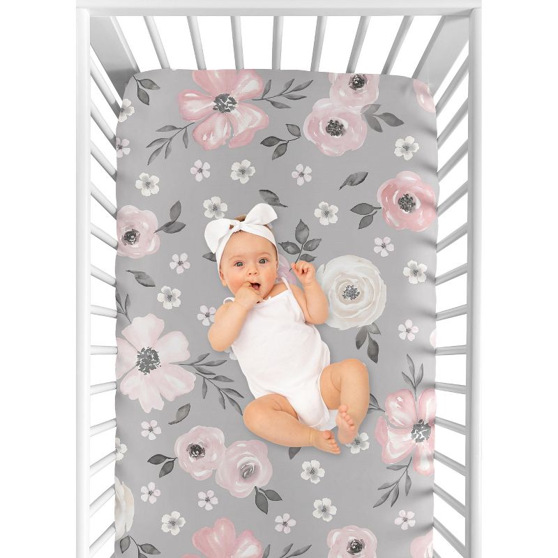 Sweet Jojo Designs Girl Baby Fitted Crib Sheet Watercolor Floral Grey and Pink, 5 of 8