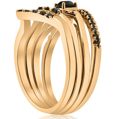 Elegant 10K Yellow Gold Black Diamond 4-Ring Stackable Set - Size 5.5