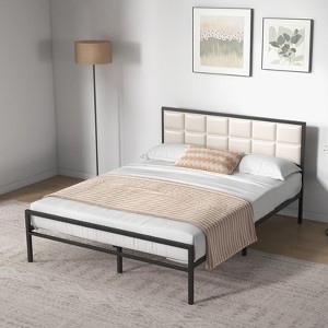Bed Frame, Faux Leather Platform Bed Frame with Upholstered Square Stitched Headboard, Metal Bed Frame with Steel Slats Support, Box Spring Optional - 1 of 4