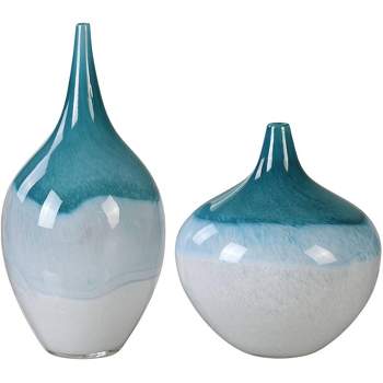 Uttermost Carla Teal Green and White 2-Piece Glass Vase Set