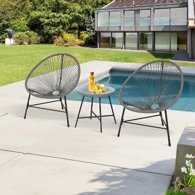 3-Piece Outdoor Seating Acapulco Chair Set, Modern Patio Furniture Set With Woven Rope Chairs and Glass Top Table for Deck, Balcony, Poolside