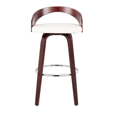 Cherry Wood and White Faux Leather Swivel Bar Stools, Set of 2