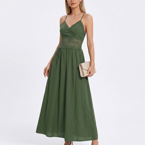 Женские платья Anna-Kaci Women's Lace Waist Maxi Dress with Spaghetti Straps and Surplice V Neck Bodice - X Large, Olive