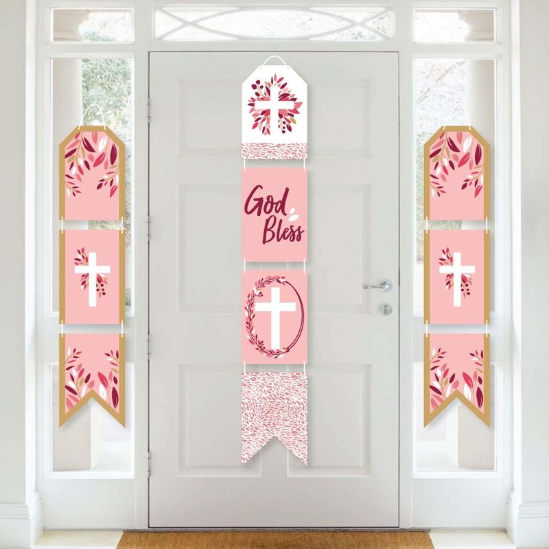 Big Dot of Happiness Pink Elegant Cross - Hanging Vertical Paper Door Banners - Girl Religious Party Wall Decoration Kit - Indoor Door Decor, 1 of 8