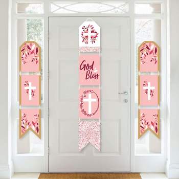 Big Dot of Happiness Pink Elegant Cross - Hanging Vertical Paper Door Banners - Girl Religious Party Wall Decoration Kit - Indoor Door Decor