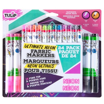 Tulip Color 24pk Fine Tip & Brush Tip Fabric Markers Ultimate Neon: Adult Coloring Markers for Fabrics