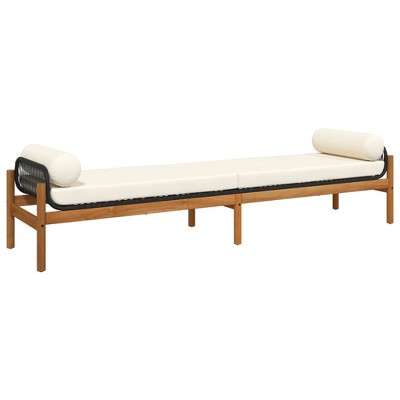 vidaXL Patio Bench with Cushions - Black Poly Rattan & Acacia Wood - Outdoor Garden Loveseat - Durable & Comfortable - 85" x 21.9" x 18.9"