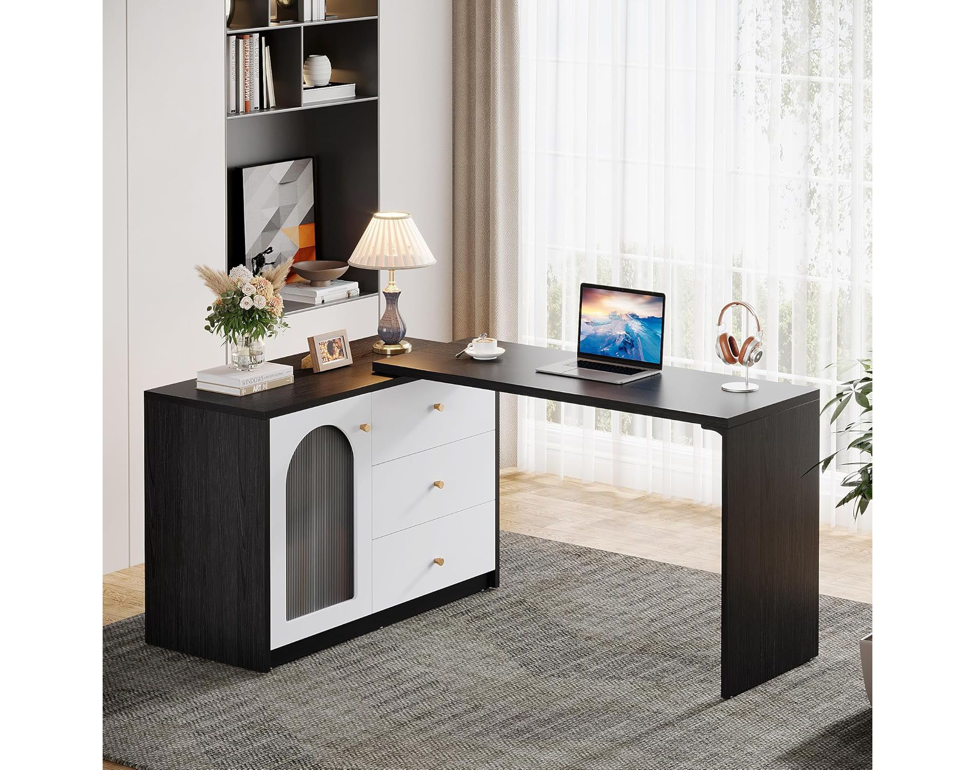 Tribesigns L Shaped Computer Desk with Drawers, Modern Corner Home Office Desk with Reversible Storage Cabinet,for Home Office, Black & White