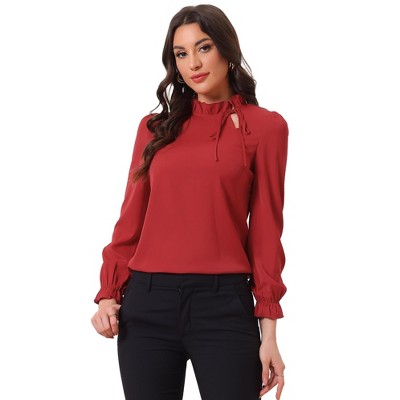 INSPIRE CHIC Women's Elegant Long Sleeve Ruffle Tie Neck Business Work Top