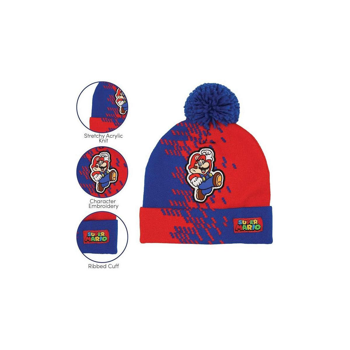 Super Mario Kids Winter Hats -  Cute Warm Pom Pom Beanie for Boys Ages 4-14 Cold Weather Hat - thumbnail 6