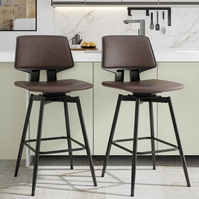 VECELO Counter Height Bar Stools Set of 2, Faux Leather Upholstered Barstools with Back Footrest and Metal Legs, Armless Bar Chairs, Brown/Gold