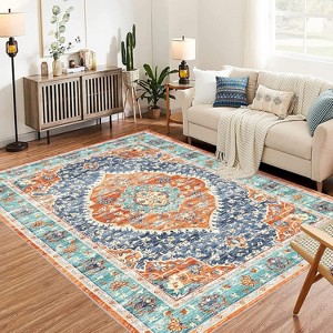 Promotion Sale! Washable Vintage Area Rug, Distressed Thin Foldable Accent Carpet, Red and Blue, Multi-Color Indoor Cover - 1 of 4