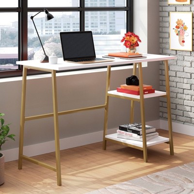 Modern White and Gold Desk with Open Shelves and Metal Frame