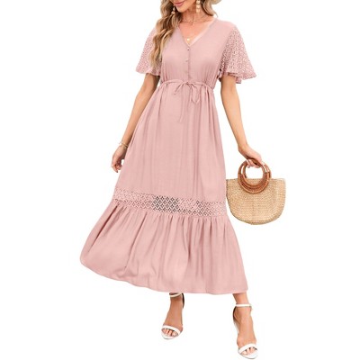Womens 2025 Summer Lace Lotus Leaf Short Sleeve Maxi Dress V Neck Long Flowy Dresses