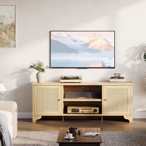 Rattan TV Stand Fits TVs Up to 65 Inches, Farmhouse Entertainment Center with Cabinets and Open Shelves, Wooden Media Console Table for Living Room - 1 of 4