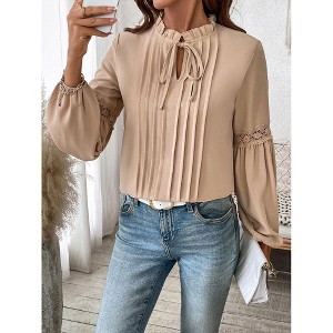 Women Top V Neck Long Lantern Sleeve Casual Blouse Elegant Tied Front Shirt - 1 of 4