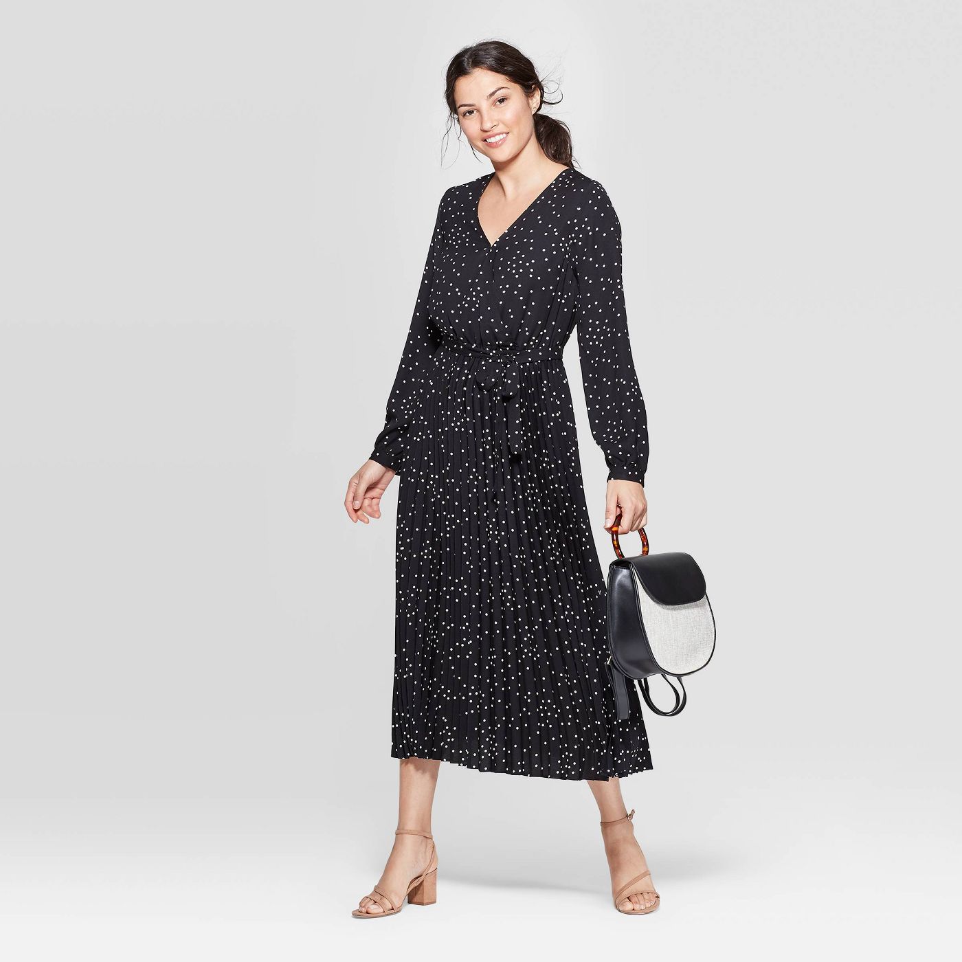  Women's Polka Dot Long Sleeve V-Neck Midi Pleated Wrap Dress - A New Day™ Black/White - image 1 of 3