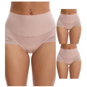 INSPIRE CHIC Women's Hi-Cut Satin High Waisted Lace Trimmed Tummy Control Underpants Briefs 3 Packs - 1 of 4