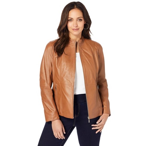 Jessica London Women's Plus Size Zip Front Leather Jacket - 32 W, Brown